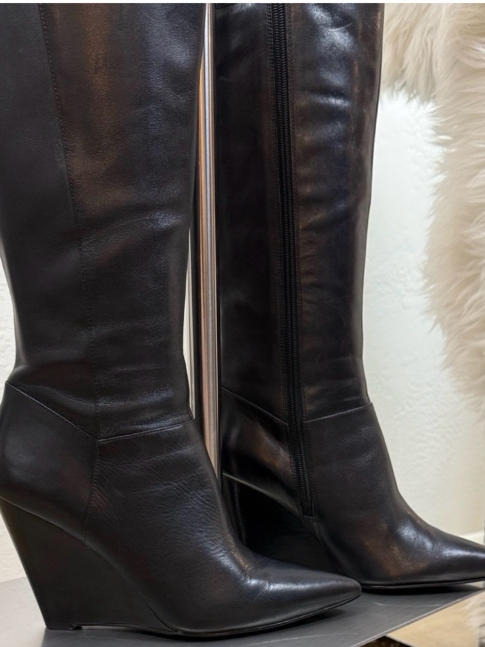 Nine West Black Leather Knee-High Wedge Boots
